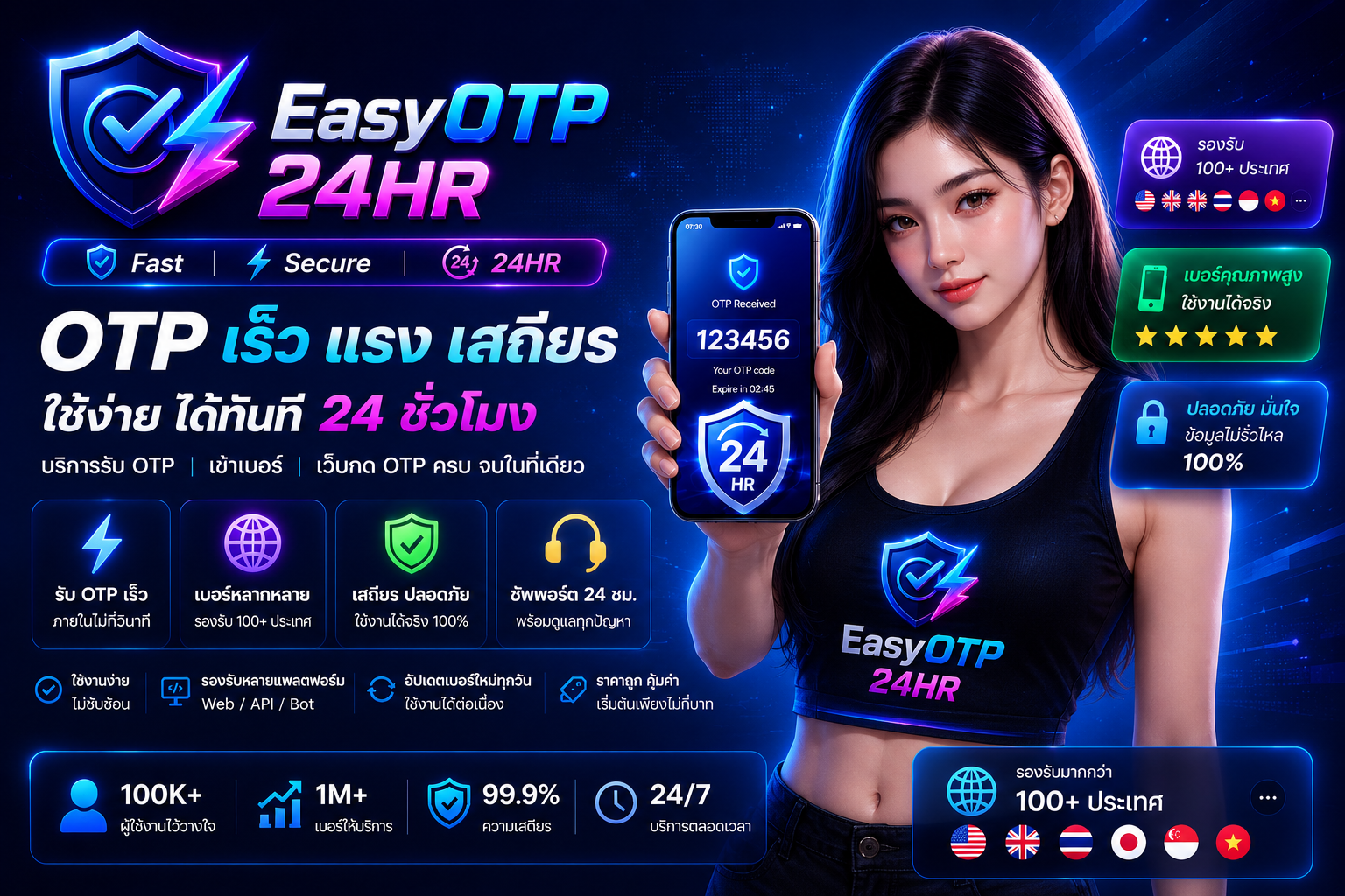 EASYOTP24HR บริการรับ OTP และ SMS ยืนยันตัวตนอัตโนมัติ 24 ชม. รองรับทุกแอปยอดนิยม TikTok, LINE, Facebook, Shopee เบอร์ไทยคุณภาพสูง ราคาถูก รวดเร็ว ปลอดภัย พร้อมระบบ API